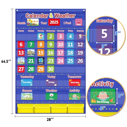 Blue Classroom Calendar Pocket Chart for Kids - Monthly Weather Seasons Learning Chart with 113 Cards | Teacher Must Haves for Kindergarten, Preschool, Homeschool | Interactive Educational Wall Chart