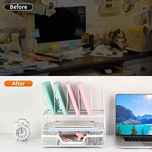 gianotter Desk Organizers and Accessories, Office Supplies Organizer with Sliding Drawer, Double Tray 5 Upright Section ?File Sorter (White)