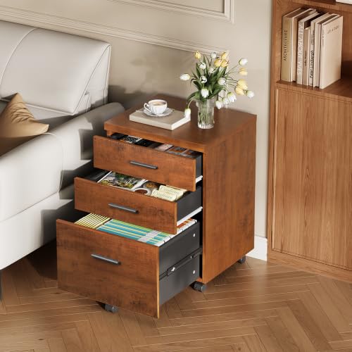 DEVAISE Walnut 3-Drawer File Cabinet - Under Desk Office Storage, 15.7"D x 18.1"W x 25.6"H