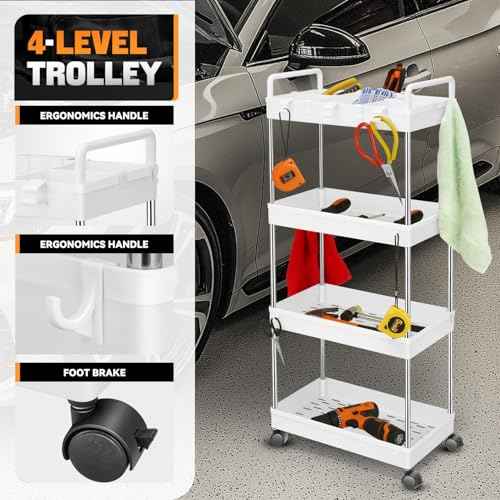 Auto Dynasty 4 Tier Slim Rolling Cart with Handle, Multifunction Utility Storage Rolling Cart, Movable Storage Organizer with Wheels for Office, Bathroom, Kitchen, Narrow Places (White-Big Size)