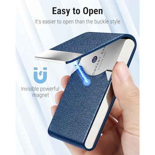 MaxGear Business Card Holder, PU Leather & Stainless Steel Business Card Case for Men or Women, Slim Name Cards Holder RFID Blocking Credit Cards Carrier with Magnetic Closure, Blue