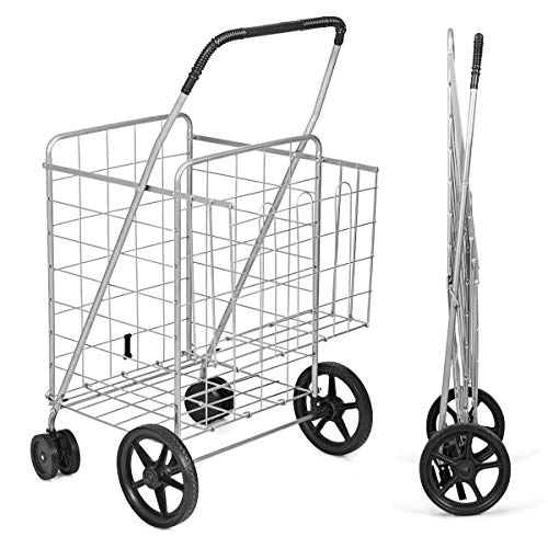 BETTARY Jumbo Folding Shopping Cart, Metal Grocery Cart on Wheels with Double Basket, Heavy Duty Utility Cart with 360¡Æ Swivel Wheels for Grocery, Laundry, Book, Luggage, Travel, Silver