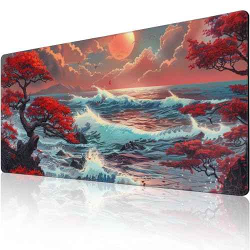 Japanese Desk Mat - 48 x 24 Inches - Sea Wave Extended Big Mouse Pad Large,XXXL Gaming Mouse Pad Desk Pad with 3mm Non-Slip Base and Stitched Edge for Home Office Work,Fantasy Artwork Style