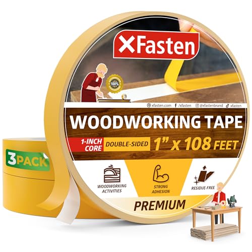XFasten Double Sided Woodworking Tape 1 inch x 36 Yards 3-Pack 324ft 1-inch Core No Residue Woodworking Double Sided Tape Heavy Duty Wood-safe Wood Glue Tape for Router Templates for Woodworking Tools