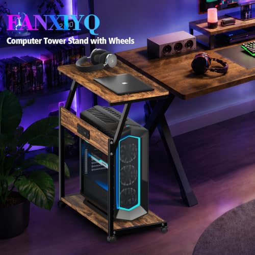 FANXIYQ Rustic Brown 2-Tier Computer Tower Stand with Built-In Charging Station (Wood Grain)