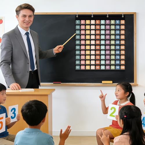 ANCOMEDO Hundred Pocket Chart with 100 Pockets & 150 Double-Sided Number Cards - Black Classroom Organizer