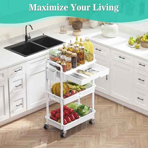 3 Tier Rolling Cart with Drawer, Bathroom Storage Organizer with 2 Lockable Wheels, Multifunctional Rolling Storage Cart for Bathroom, Kitchen, Office, Craft, Makeup, Baby Essentials, White