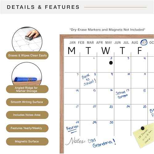 MCS Dry Erase Calander 30x30 Walnut Framed Monthly Calendar for The Wall, Stay Organized with Family Planner for Appointments, Sports, Events & More