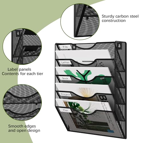 EasyPAG Black 5-Tier Wall File Organizer, No Assembly Metal Mesh Office & Home Storage