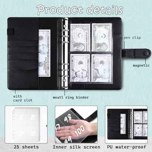 100 Envelope Challenge Binder, 25 Sheets Silkscreen Numbers to 100, Not Stickers, Reusable Tracker, Easy and Fun 100 Envelopes Money Saving Challenge Save $5050, Budget Planner & Saving Money (Black)