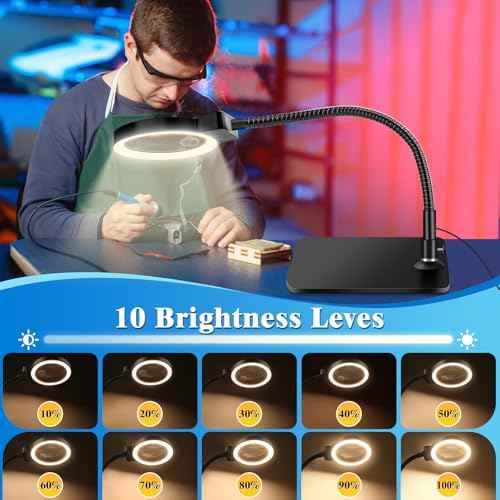 30X 10X Magnifying Glass with Light and Stand, 72 LED 3 Color Modes Stepless Dimmable, Hands Free Lighted Magnifier Desk Lamp for Close Work Craft Hobby Painting Sewing Jewelry Reading, Square