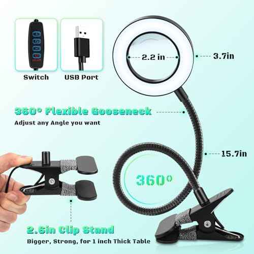 10X Magnifying Glass with Light, Clip on Mganifier with Light, 48 LED Desk Magnifying Glass wtih Clamp, 3 Modes Dimmable Magnifying LED Lamps for Bed Work Crafts DIY Repair