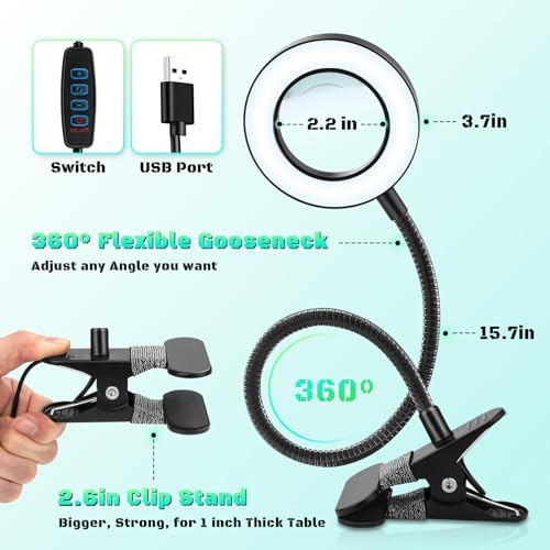 Black 10X Magnifying Glass with Light, Stand & Hands-Free Clip - NZQXJXZ