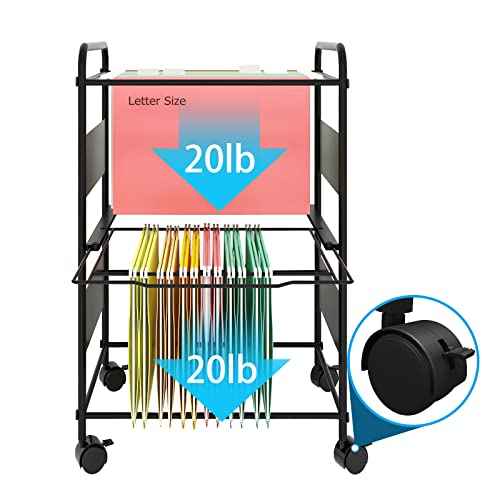 PUNCIA 2-Tier Metal Rolling File Cart with Wheels and Hanging Files for Letter Size - Movable Pull-Out Folder Rack Drawer Cabinet for Home Office
