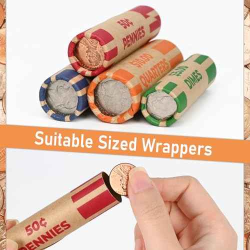 THEBLUETOUCH 512 Preformed Coin Roll Wrappers, Coin Wrapper Assorted with Crimped Edge Sealer - 128 Each for Pennies, Nickels, Dimes, Quarters