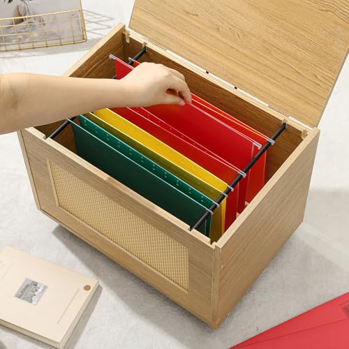 Rattan File Cabinet Hanging File Organizer Box with Lid Rolling Wicker Filing Cabinet for Home Office for Letter/Legal Size