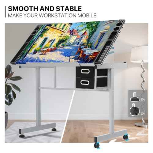 MoNiBloom Drafting Table on Wheels with Storage & Side Tray - Adjustable 0-65¡Æ Glass Tabletop, Replaceable Feet Art Desk