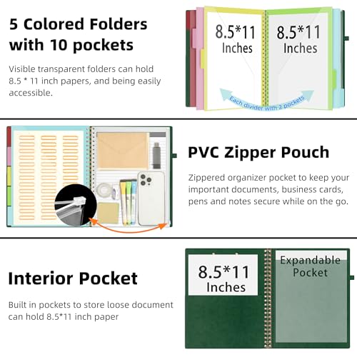 Ospelelf Green Leather Clipboard Folio with Notepad, 5 File Folders & 39 Labels