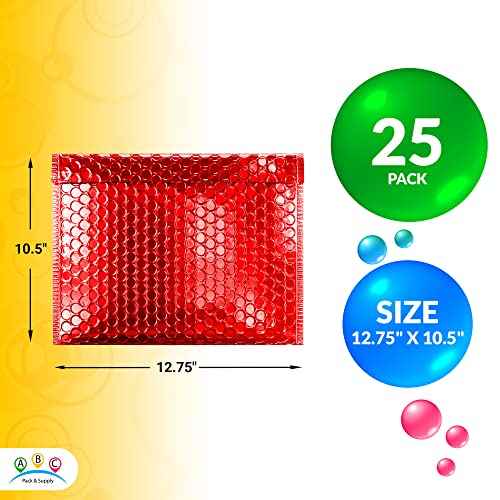 ABC Red Metallic Bubble Mailers, 12.75 x 10.5 Inches. 25 Pack Metallic Bubble Envelope with Self-Seal Closure. Waterproof Poly Mailers Metallic. Bright Metallic Packaging Envelopes for Shipping
