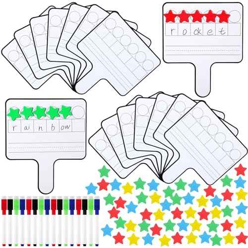 Jetec 16 Pcs Magnetic Paddle Set Education Dry Erase Double Side Handheld Answer Board with Dry Erase Markers Phonemic Awareness Phonics Supplies (Star Shaped Counters)