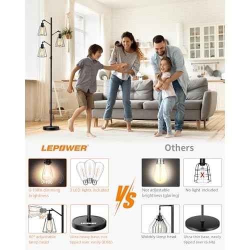 LEPOWER Industrial Floor Lamp, 3 x 800LM LED Edison Lamps Included, Floor Lamp for Bedroom with 90¡Æ Multi Head, Dimmable Floor Lamps Black for Office, Bedroom, Farmhouse Decor