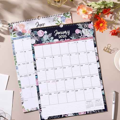 2026 Calendar - 2026 Wall Calendar, 12 Monthly Wall Calendar 2026 from January 2026 - December 2026, 12" x 17", Twin-Wire Binding + Hanging Hook + Ruled Blocks + Thick Paper with Julian Dates - Floral