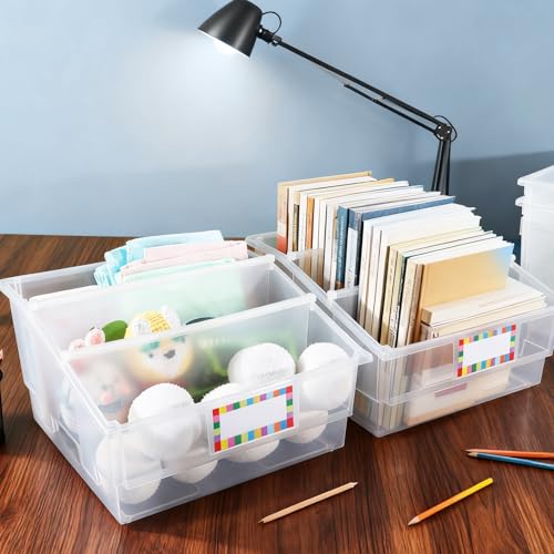 Gisgfim Clear 6 Pack Classroom Book Bins with Dividers & Labels - Large Plastic Organizer for Library & Storage