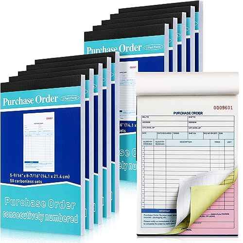 Lincia 10 Pack Purchase Order Book 3 Part Carbonless Purchase Order Forms for Small Business with Carbon Copies Cover, 50 Sets Per Book, 8.4 x 5.5 Inch