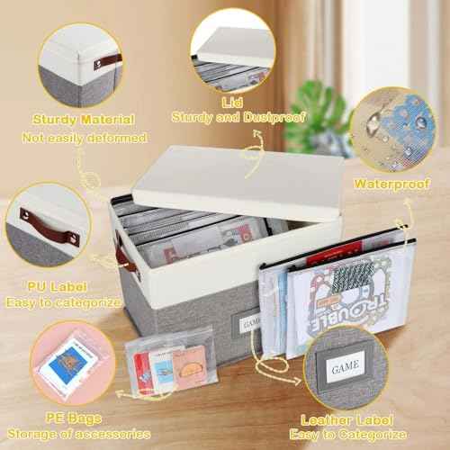 Board Game Storage, Board Game Organizer with 12pcs Zipper Bags and Writable Stickers, Board Game Organizers Storage with Lid for Office Supplies, Puzzles, Video Game, Craft Product,2-Pack