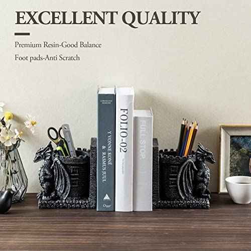 Bookends Dragon, Gothic Black Resin Dragon Guarding Castle Pencil Cup Bookends, Office Desk Book Ends with Decorative Fantasy Dragons and Stone Tower Pen Holders, 1 Pair