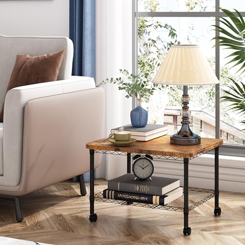 Printer Stand, Under Desk Table, Adjustable Heights 2 Tier Table with Wheels, Industrial Under Desk Heavy-Duty Mobile Cart, Shelf for Small Spaces, Home Office, Rustic Brown