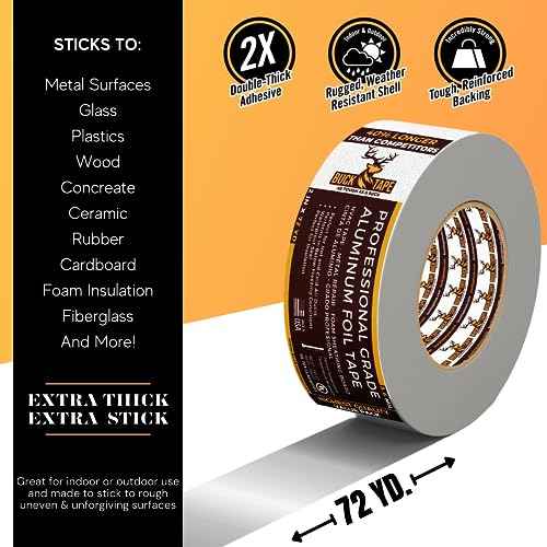Buck Aluminum Foil Tape ? 2 Inch x 216ft (72 yd), 3.6 Mil ? HVAC Tape for Ductwork, AC, Dryer Vents & Insulation ? Silver Foil Tape for Metal Repair, Exhaust Sealing & Air Conditioning (1 Pack)