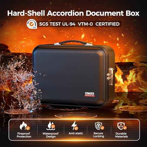 Fireproof Document Box with Combination Lock, Fireproof Water Resistant Hard Case Safe Box for Important Documents Certificates Laptop Passports (Black)