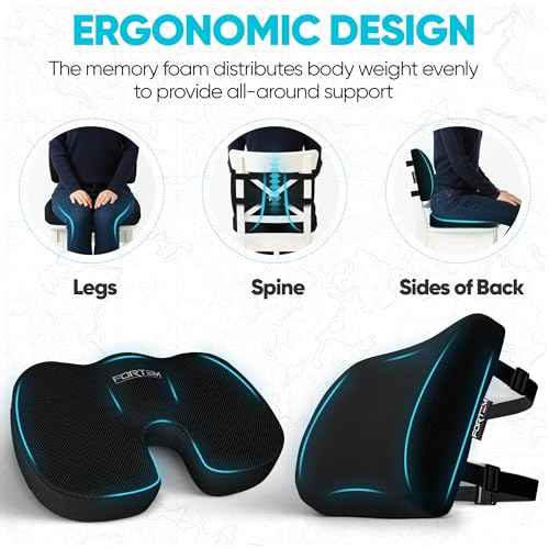 FORTEM Seat Cushion, Office Chair Cushion, Lumbar Support Pillow for Office Chair, Memory Foam Sciatica Coccyx Tailbone Pressure Pain Relief, Car Sitting Pad, Washable Non Slip