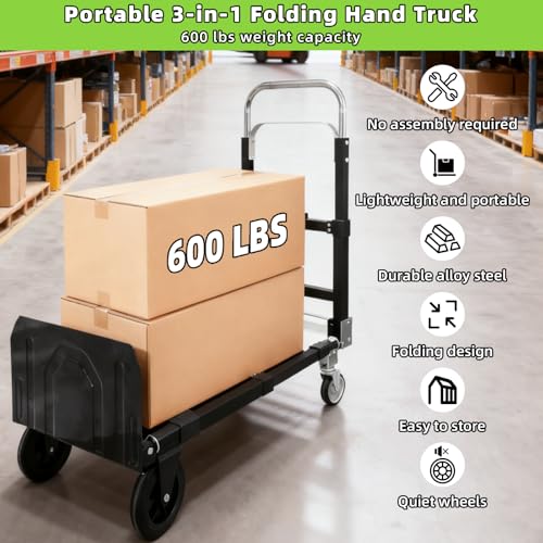 Tolpassa Black 3-in-1 Folding Hand Truck with 600Lbs Capacity, Collapsible Dolly & Retractable Handle