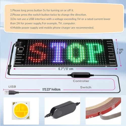 7''x3'' Bluetooth LED Sign for Car - Programmable RGB Matrix DIY Scrollable Display