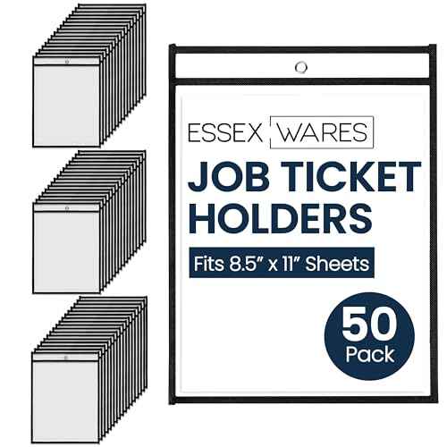 Essex Wares - 50 Pack, Black, Job Ticket Holders, 10" Wide x 13.5" Tall - Clear Plastic Shop Ticket Holders - Easy to Use, Reusable & Easy Erase Plastic Invoice Holders, Water-Resistant & Durable