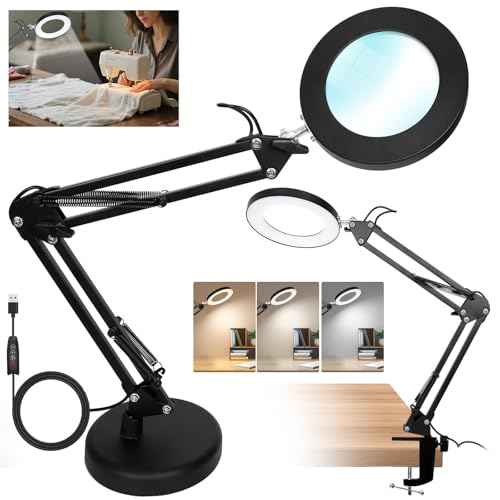 Magnifying Glass with Light and Stand, 15X Large Led Magnifying Lamp 2-in-1 Hands-Free, Desk Magnifying Light with 3 Color Modes & 10 Levels for Crafts Hobby Reading Repair Close Work