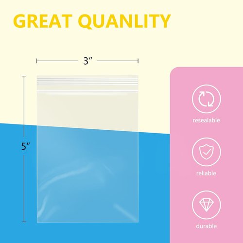 iMailer Clear Small Zip Bags - 1000 Pcs 3" x 5" Reclosable Plastic Poly Bags for Jewelry, Treats & More
