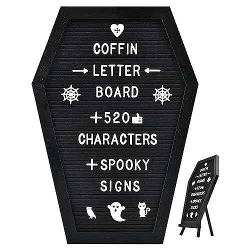 Coffin Letter Board - 520 Characters Spooky Halloween Characters with Wooden Stand and Canvas Bag - 16x11 Inches - Felt Message Board for Home Office Halloween Supplies & Decor (Black)