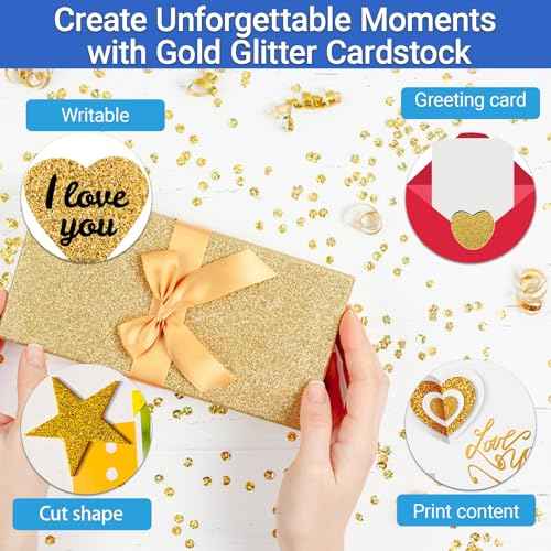 10 Sheets Gold Glitter Cardstock 250GSM/92lb No Shedding Sparkle Paper for DIY Crafts, Invitations & Cricut Cutting | Printer-Friendly A4 Size (7.87x11.8) for Scrapbooking & Gift Boxes