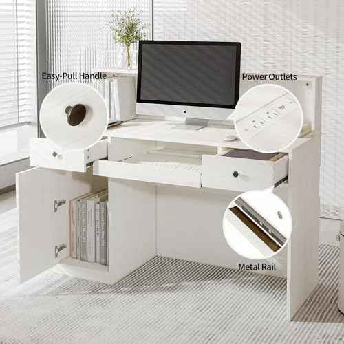 Reception Desk with Counter, Modern Front Table Equipped with Drawers & Keyboard Tray, 47.2-inch Checkout Counter with LED Lights & Power Outlets for Lobbies, Salons, Retail, Home Offices