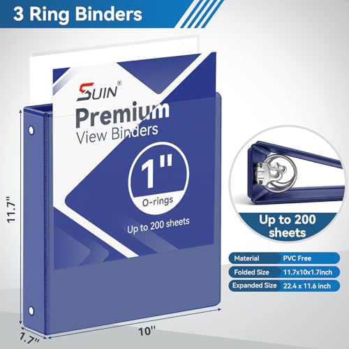 SUIN Assorted Rainbow 1-Inch 3-Ring Binders with 2 Interior Pockets, Pack of 6, Durable Office & School Organization