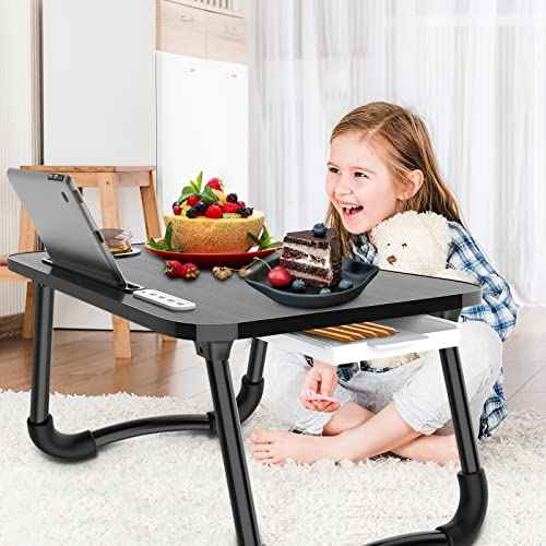 Zapuno Laptop Lap Desk, Foldable Laptop Table Tray with 4 USB Ports Storage Drawer and Cup Holder, Lap Bed Desk Notebook Stand Laptray Portable Standing Table for Bed Couch Floor