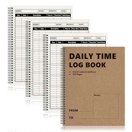 3 Pack Daily Time Sheet Log Book 8.5x11 Office Work Hours Tracking Spiral