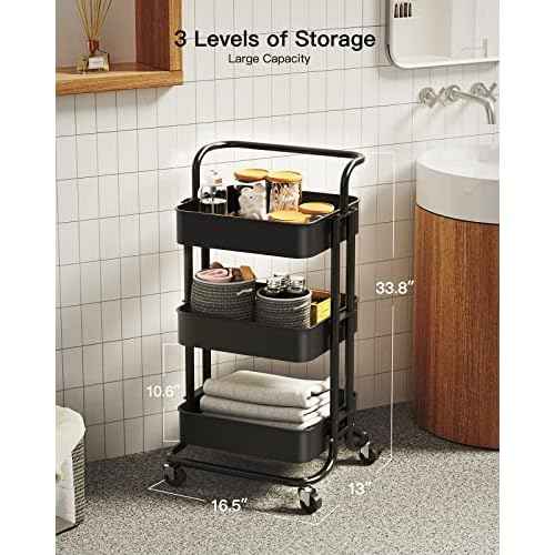 Totnz Rolling Utility Cart, 3-Tier Mesh Organization Cart with Lockable Wheels, Multi-Functional Storage Trolley for Office, Living Room, Kitchen, Laundry, Bathroom Storage, Black (TZUC01B)