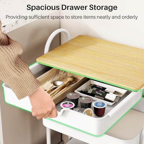 SNTD 3 Tier Utility Rolling Cart with Wheels - Smooth Sliding Drawers, Wooden Tabletop, Hanging Buckets for Kitchen, Art Room, Office, Bathroom (White)