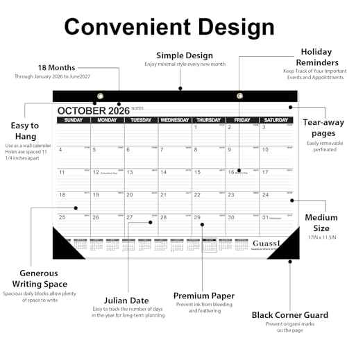 GuassLee Desk Calendar 2026-2027 - 17" ¡¿ 11.5" Desktop Calendar 18 Months Runs from Jan. 2026 to Jun. 2027 with Julian Date for Home School Office Desk Top Organizing
