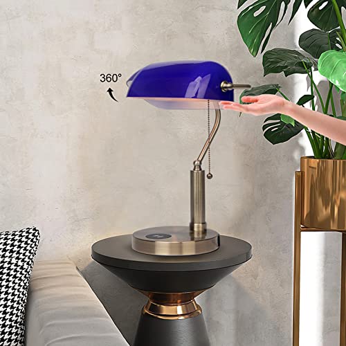 FIRVRE Bankers Lamp with2 USB and Wireless Charging Port£¬Pull Chain Switch Blue Glass Desk Lamp£¬ E26 Base,Traditional Library Desk Lamps for Home Office,Bedroom,Piano