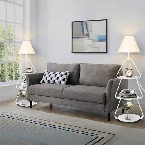 Floor Lamp with Small Round Side Table, 3-Tier Circular End Table with Storage Shelf, Round Corner Coffee Desk Nightstand for Living Room Bedroom Small Spaces, White